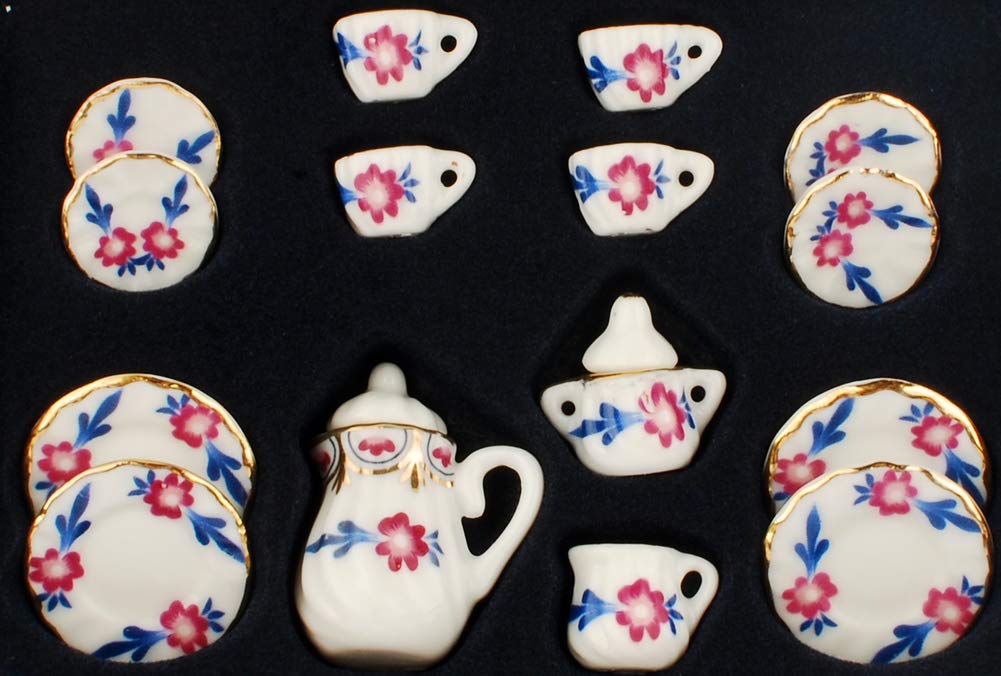 NW 1 Set 15 Pieces 1:12 Ceramics Tea Cup Set Lovely Dollhouse Decoration Set Dollhouse Kitchen Accessories(#8)