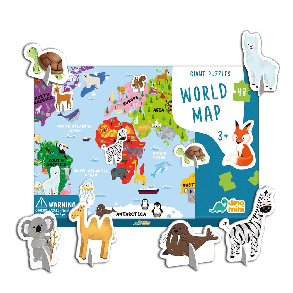 Dinomini Giant World Map Puzzle for Kids - with Interactive Standing Figures - Floor Puzzles for Kids Ages 3-5 - Preschool Learning Activities