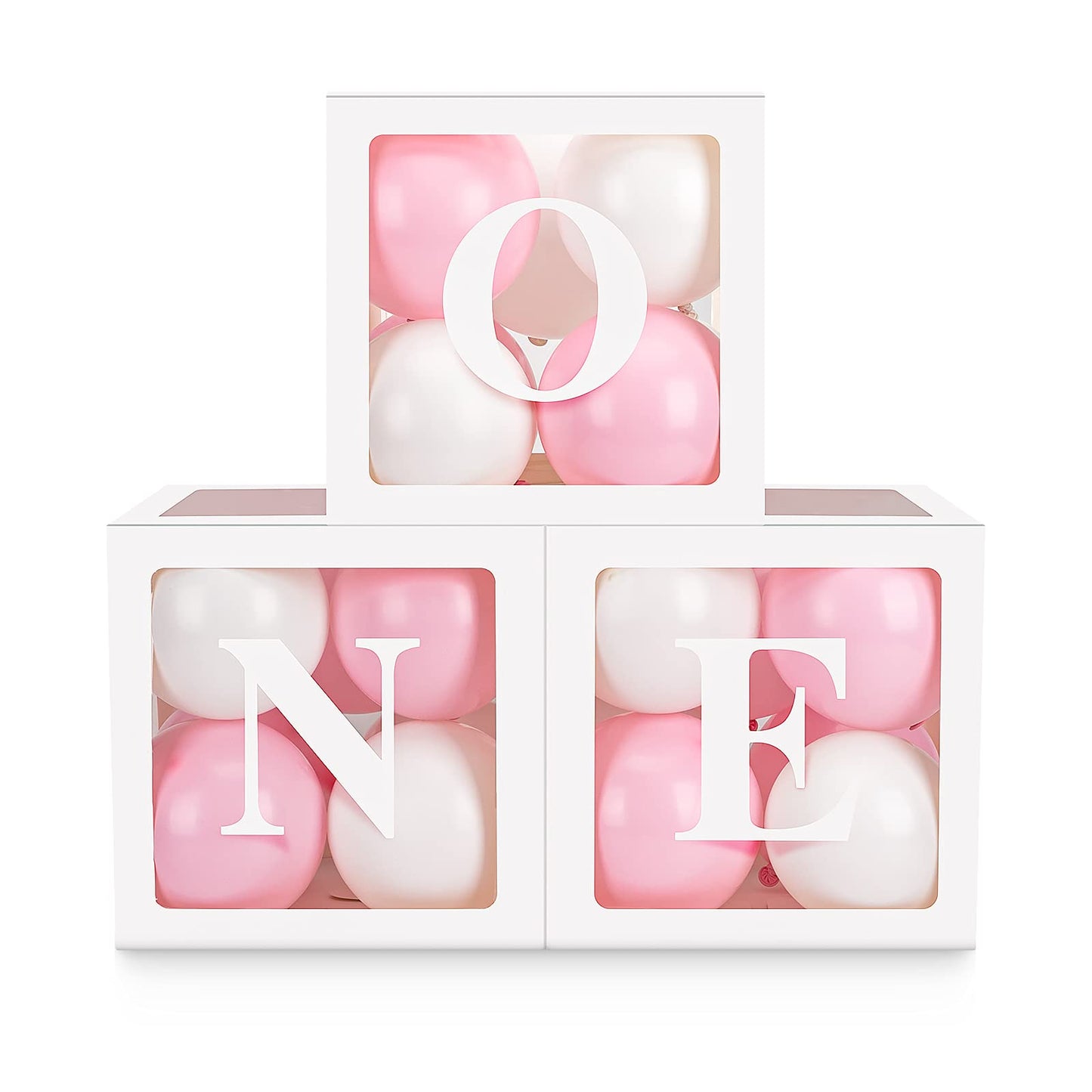 Baby Girl First Birthday Party Decorations 'ONE' Letters Individual Three White Transparent Square Boxes with 24 Balloons Decor for 1 Year Old Baby