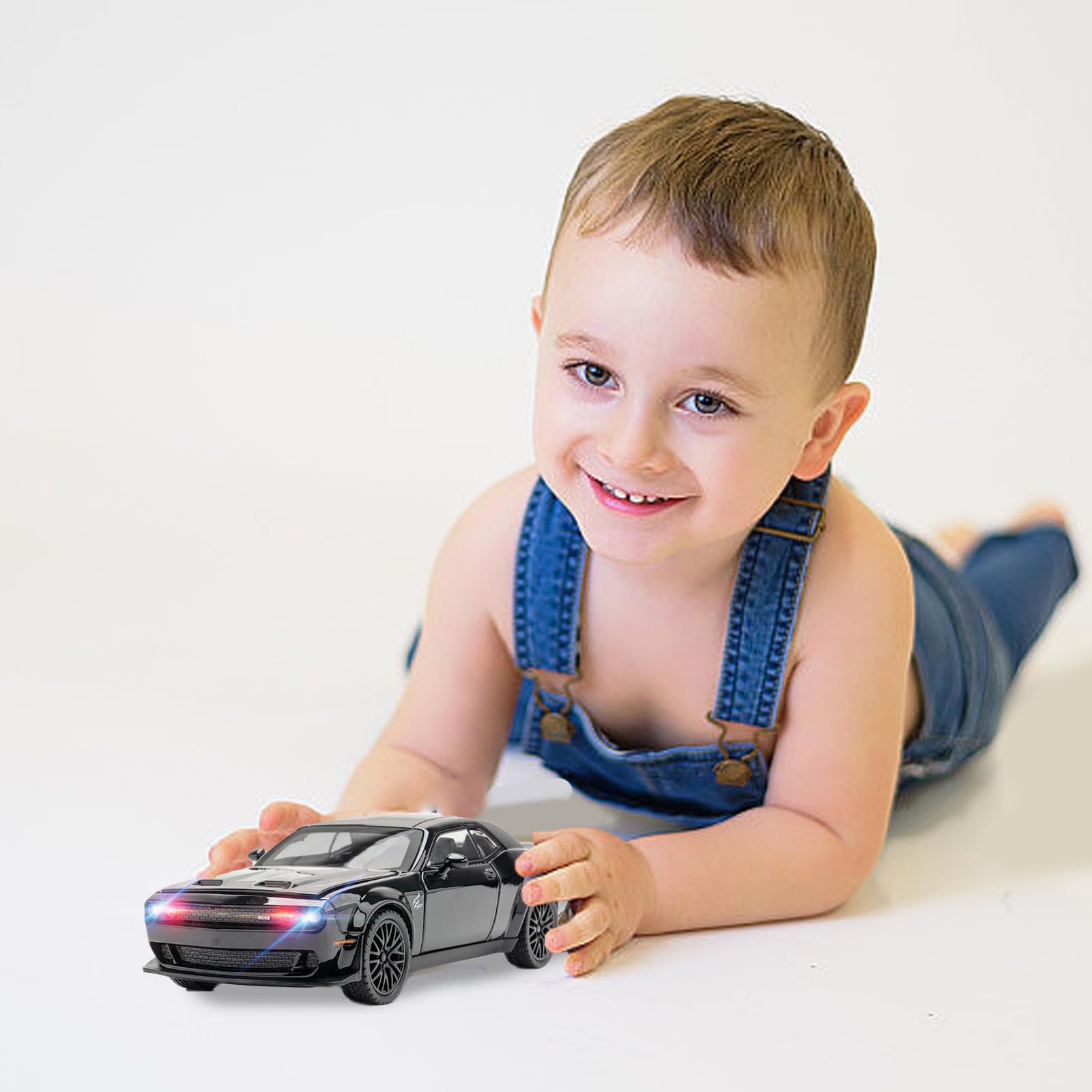 YMHAT Toy Cars 1/32 Dodge Challenger Die Cast Metal Toy Cars Hellcat Toy Car with Sound and Light Pull Back Hellcat Car for 3+ Year Old Boys and Kids