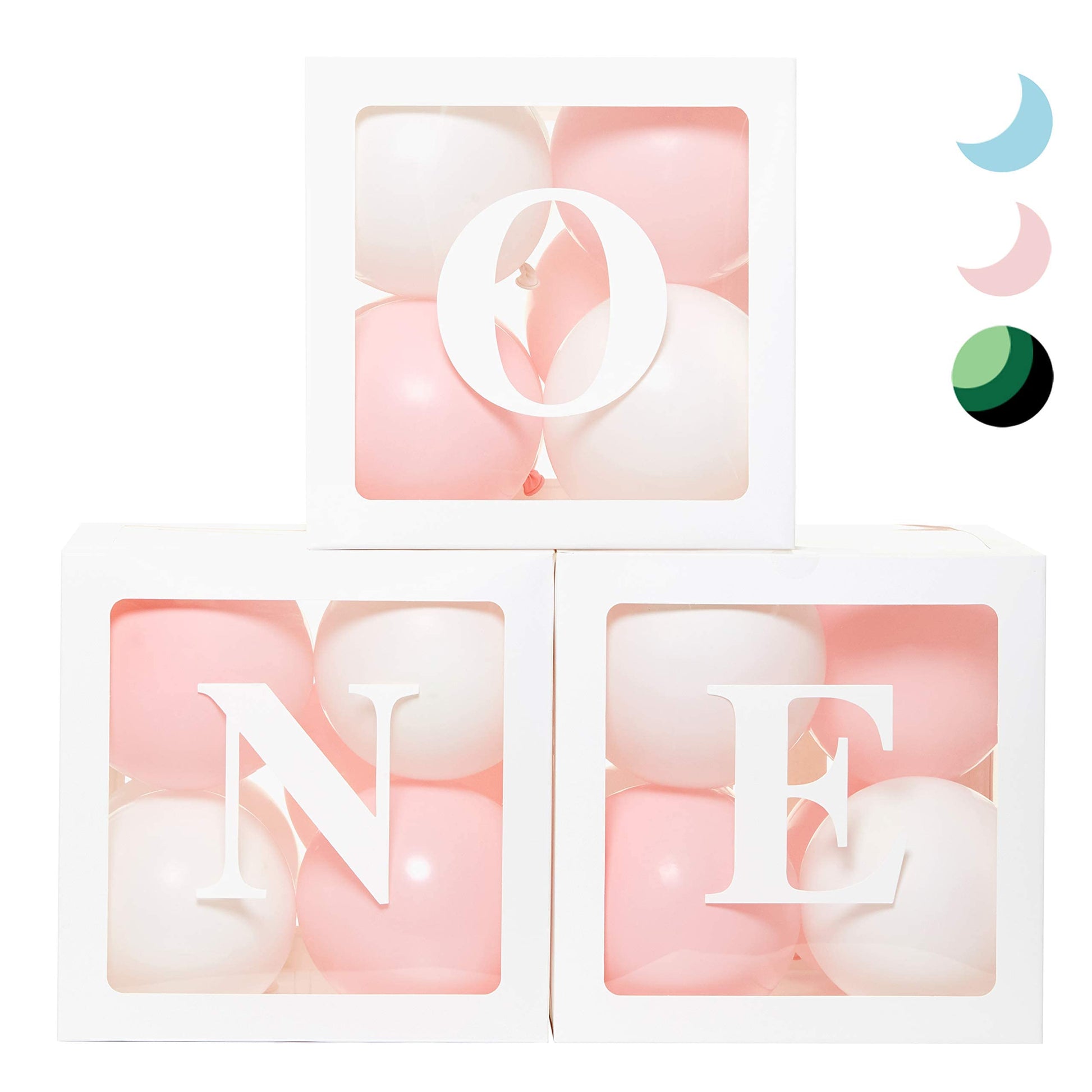 First Birthday Decorations Balloon 'ONE' Boxes for Baby Girl - 24 Balloons - Baby 1st Birthday Girl Decoration, Clear Cube Blocks 'ONE' Letters as