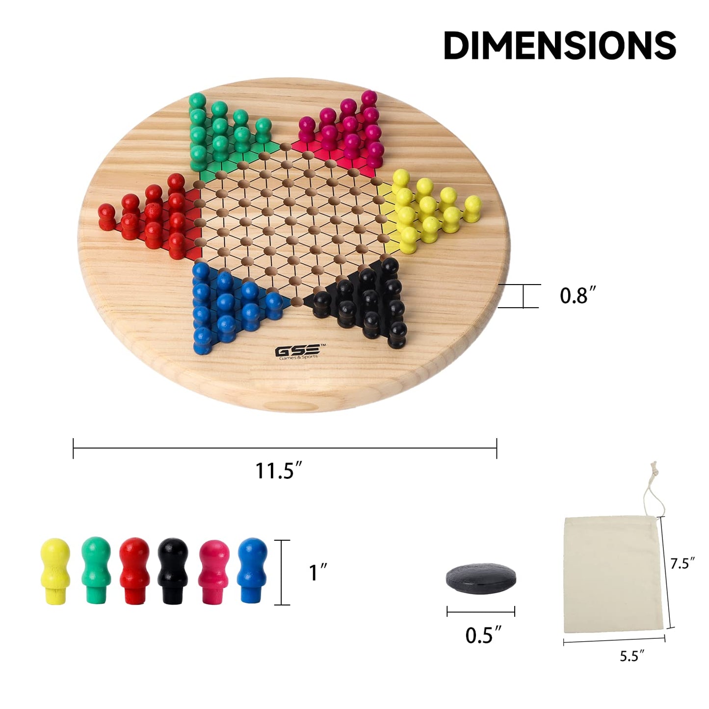 GSE Games & Sports Expert 11.5" Natural Wood 2-in-1 Chinese Checkers and Gobang Board Game Set with 66 Colorful Wooden Pegs and Stones, Classic