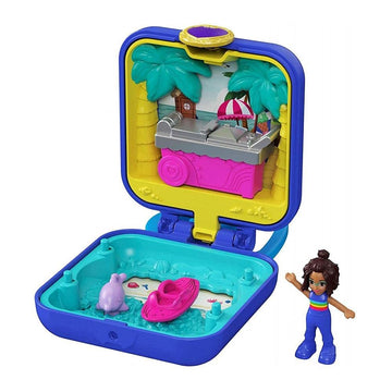Polly Pocket Shani Tropical Beach Compact with Mobile Ice Cream Cart, Surfboard, Dolphin Figure, Photo Customization, Micro Shani Doll & Sticker
