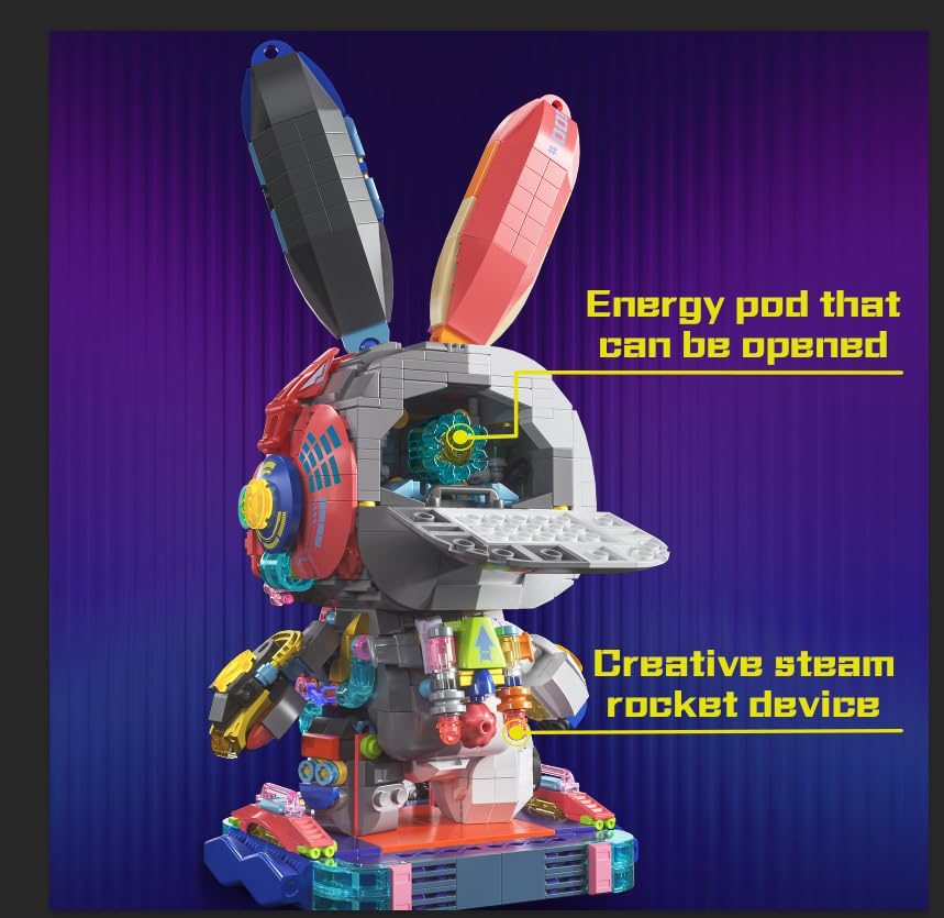 Mechanical Bunny Action Figure Toy Building Set 1377PCS Cyber Style Animal Collection Model Kit Creative Rabbit Toys with Lights&Display Stand Home