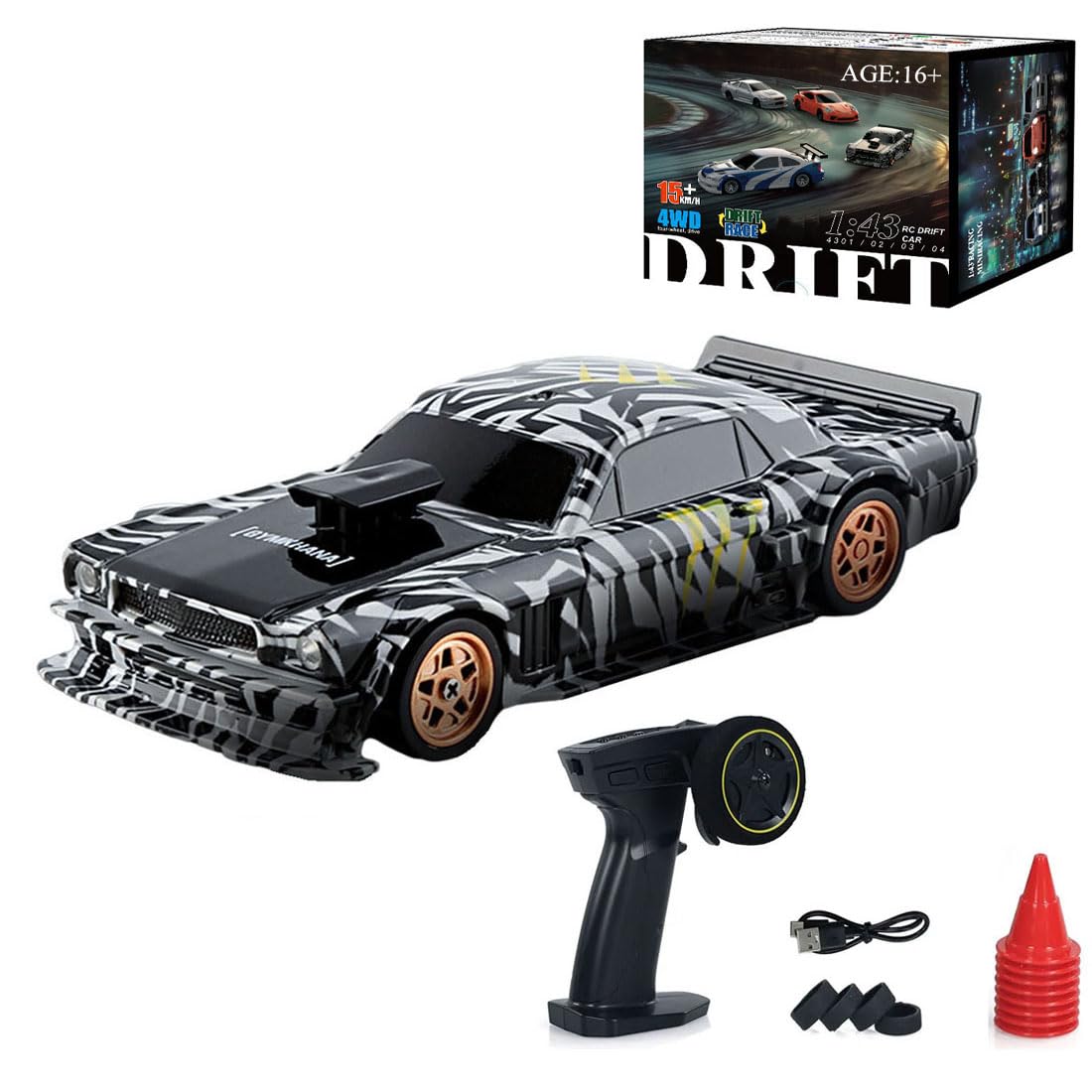 RC Drift Car, 1:43 Scale Drifting RC Cars, 2.4GHz 4WD RC Race Car, 15km/h High-Speed Remote Control Drift Car Vehicle with LED Lights Drifting Tire