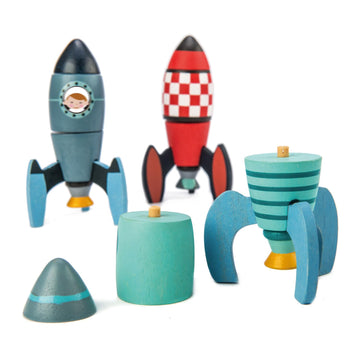 Tender Leaf Toys - Rocket Construction - 18 Pc Wooden Construction Toy Playset Builds 3 Space Ships - Develops Dexterity, Problem Solving