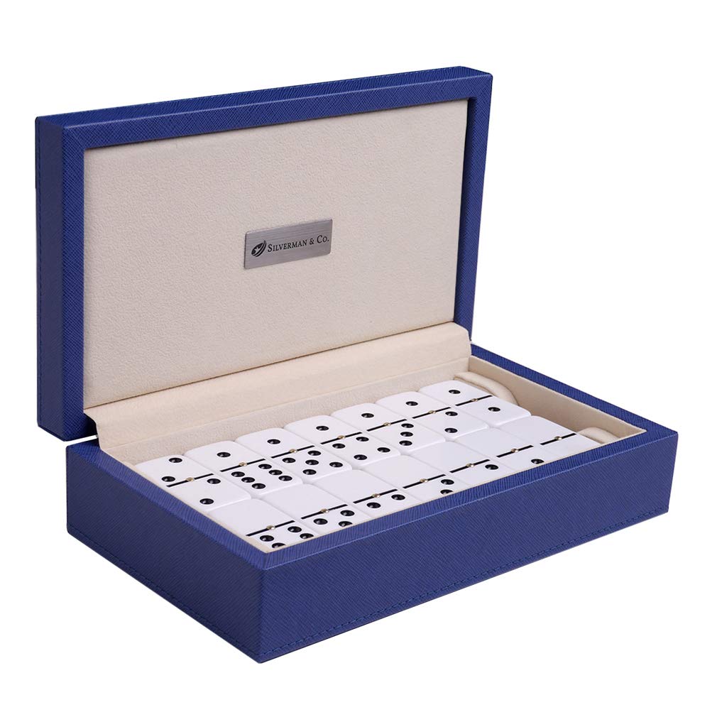 Silverman & Co. Double 6 Large White Domino Set - Blue Case