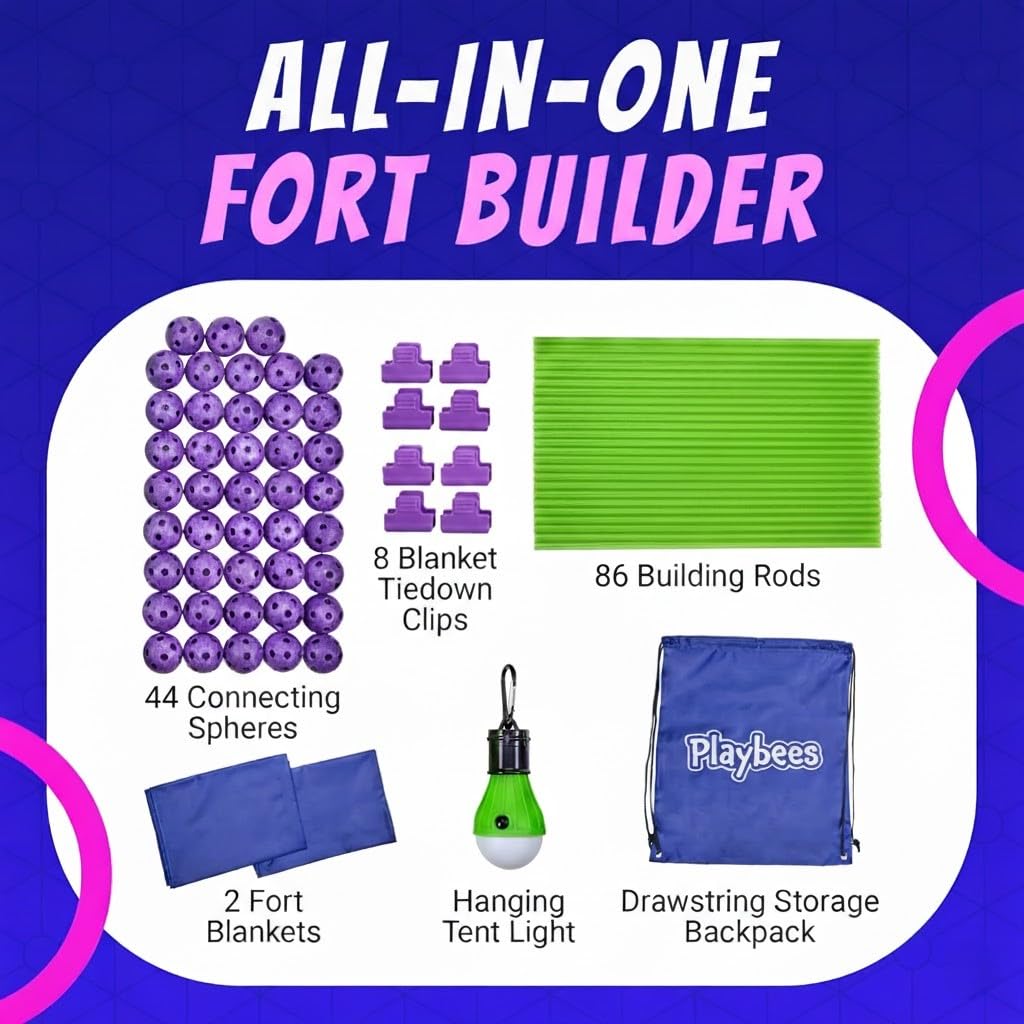 Playbees Fort Building Kit - 140 PCS STEM Toy for Kids Ages 4-12 - Build Tents, Castles & Rockets - Includes Rods, Connectors, 2 Blankets & Flashlight