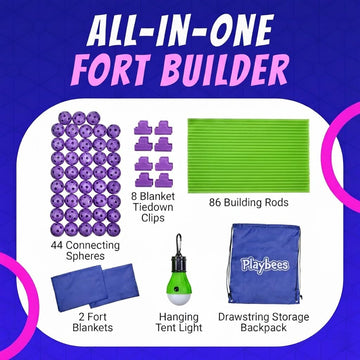 Playbees Fort Building Kit - 140 PCS STEM Toy for Kids Ages 4-12 - Build Tents, Castles & Rockets - Includes Rods, Connectors, 2 Blankets & Flashlight