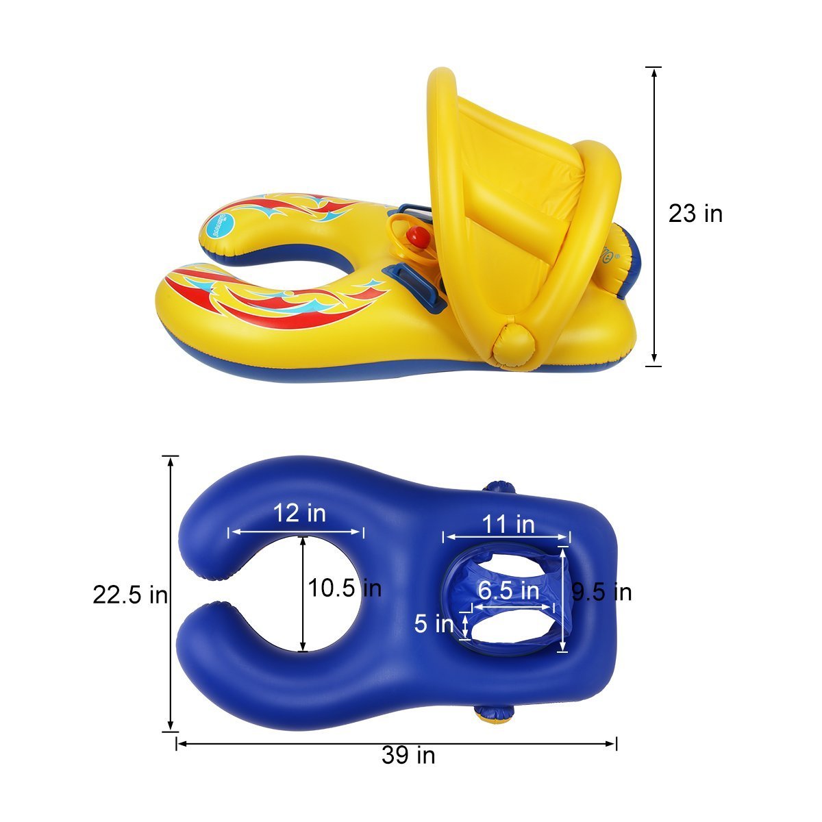Kalolary Parent-Child Inflatable Baby Swimming Ring with Sun Canopy & Horn