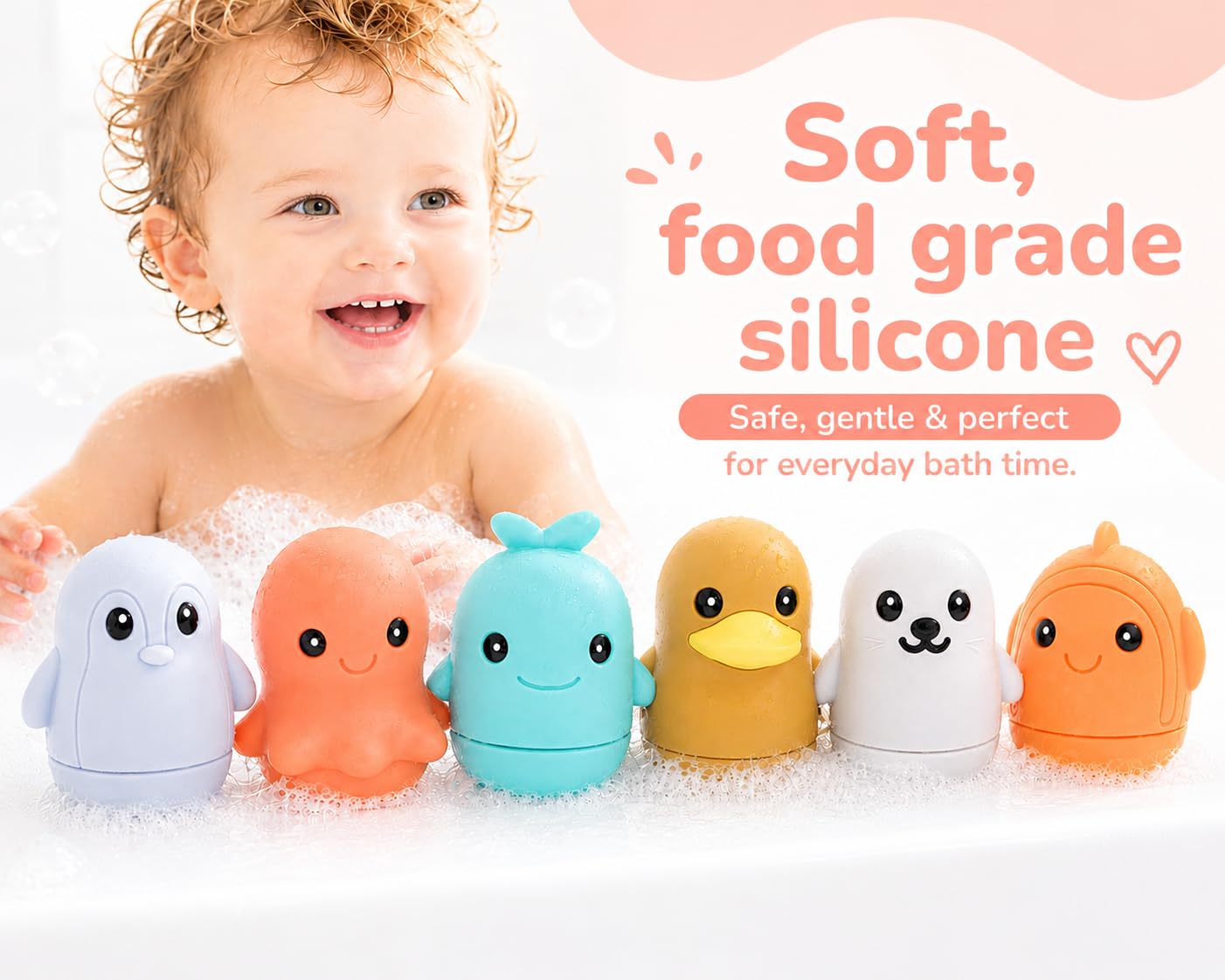 BerrySquishy Silicone Bath Toys, Opens for Cleaning, Baby Bath Toys 9M+, Toddler Bath Toys 1-3, Bathtub Toys, Ocean Friends 6-Piece Set