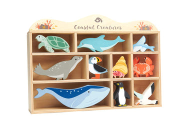 Tender Leaf Toys Coastal Creatures - 8 Wooden Ocean Animal Figurines with a Display Shelf - Classic Toy for Pretend Play - Develops Creative
