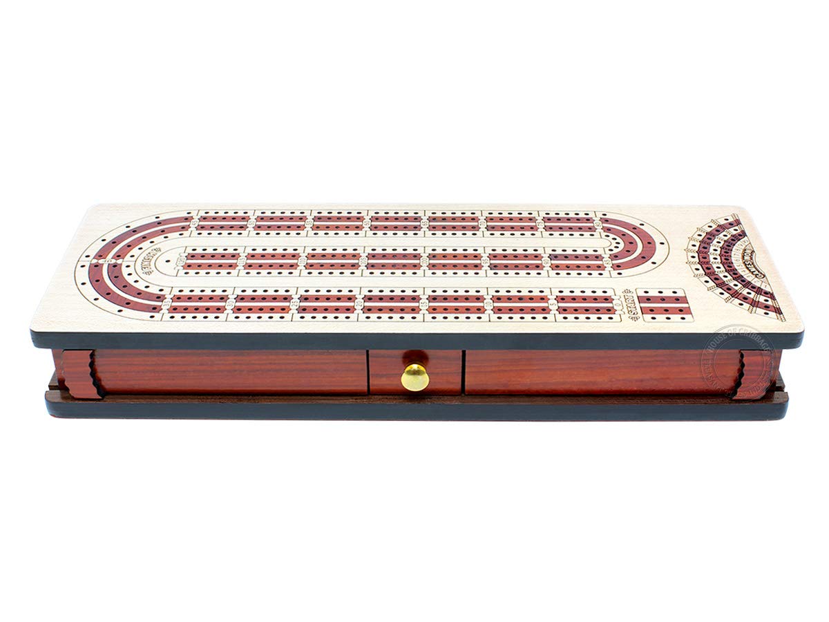 House of Cribbage - 4 Track - Continuous Cribbage Board Alphabet e Shape Inlaid in Maple Wood/Bloodwood : Size - 13.5" x 4.75" - Separate Storage