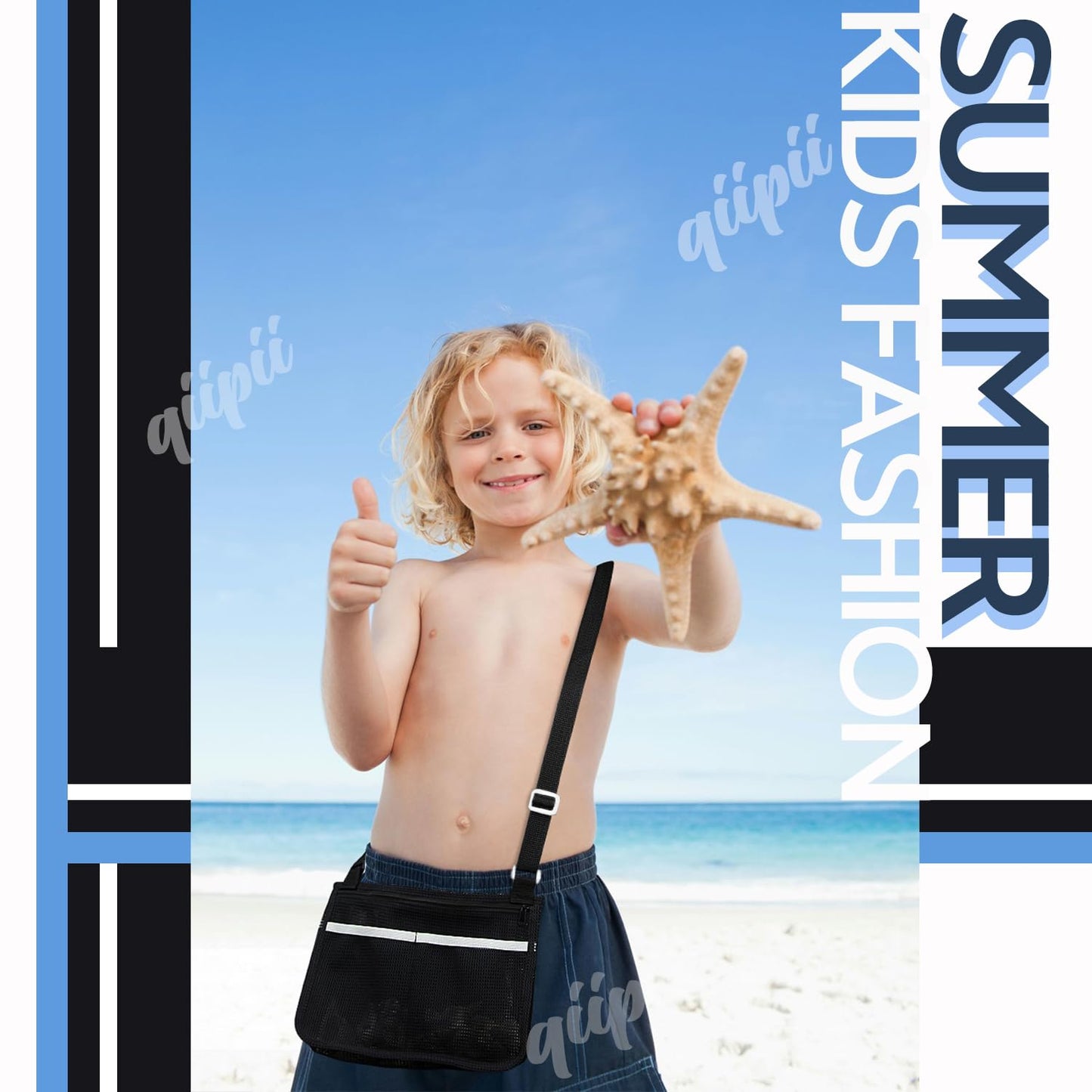 qiipii 2 Pack Beach Mesh Bag for Kids Shell Collecting Bag Beach Sand Toy Bags with 2 Outer Pocket for Hunting Shells, Swimming Accessories