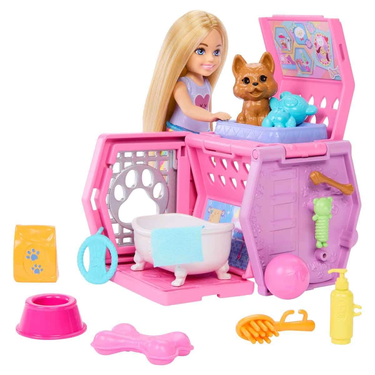 Barbie Chelsea Puppy Carrier Playset, Blonde Small Doll and Accessories, Dog Carrier with Puppy Themed Play Pieces