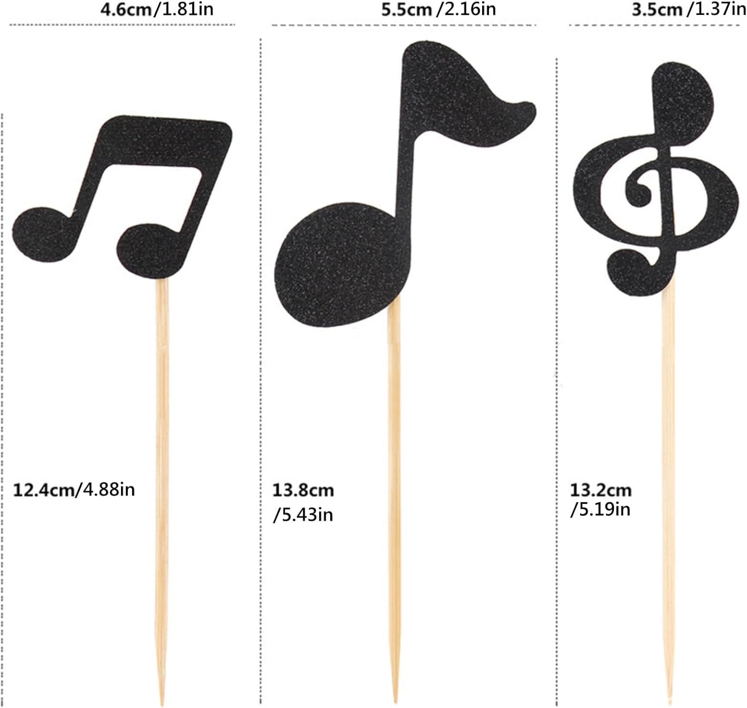 36 Pieces Musical Notes Cupcake Toppers, Black Glitter Rock Pop Music Theme Cupcake Picks Music Concert Theme Birthday Party Cake Decorations Supplies