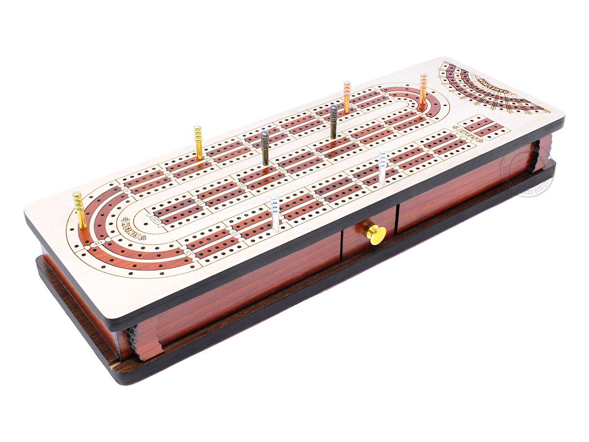 House of Cribbage - 4 Track - Continuous Cribbage Board Alphabet e Shape Inlaid in Maple Wood/Bloodwood : Size - 13.5" x 4.75" - Separate Storage