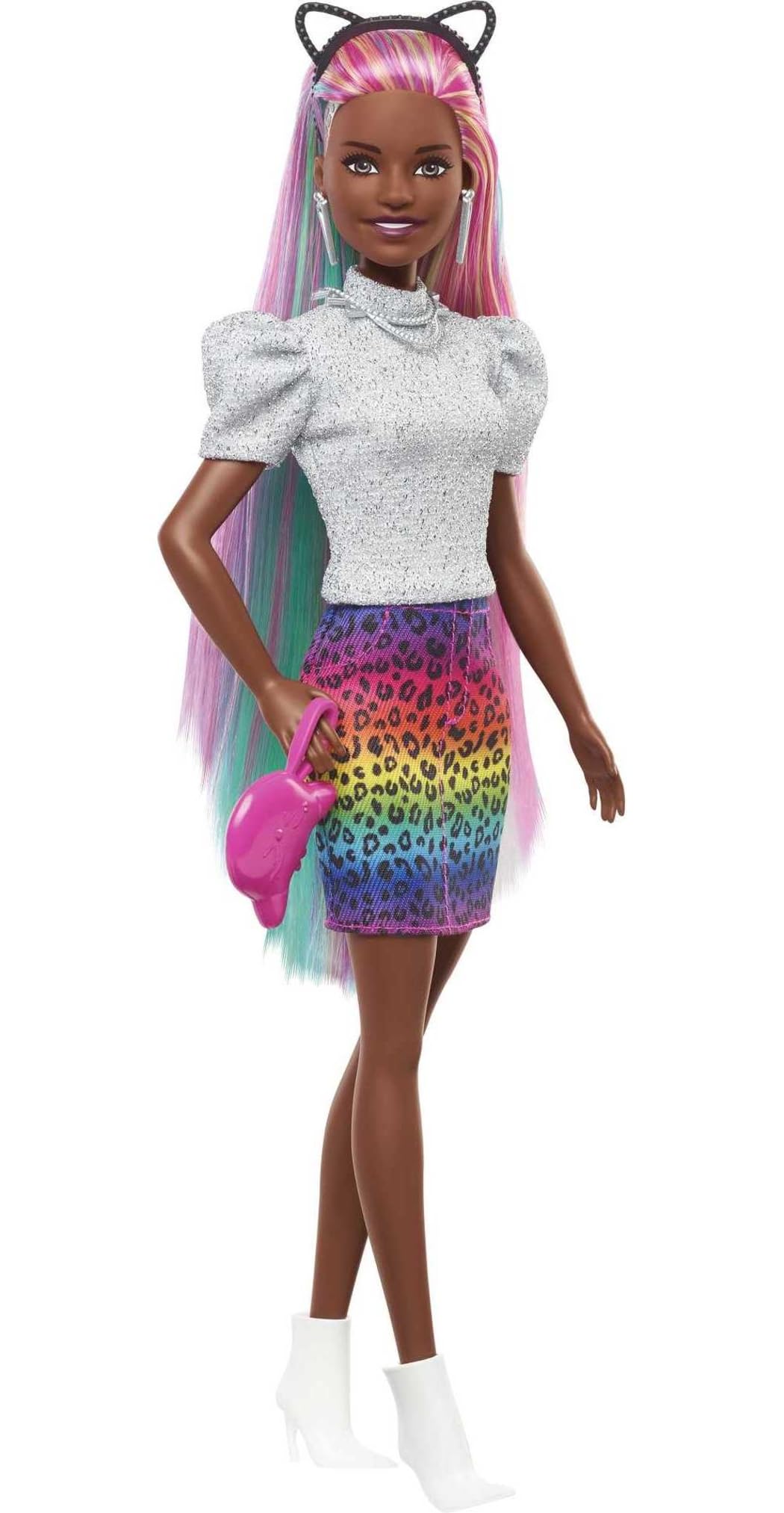 Barbie Leopard Rainbow Hair Doll (Brunette) with Color-Change Hair Feature, 16 Hair & Fashion Play Accessories Including Scrunchies, Brush, Fashion