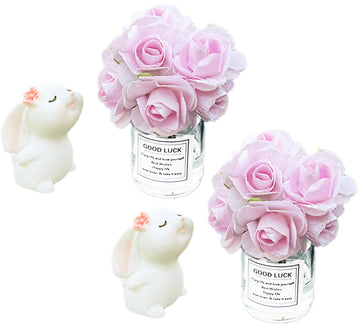 2 Sets Dollhouse Miniature Flower in Vase and Rabbits, 1:12 Scale Dollhouse Miniature Decor, Car Decoration