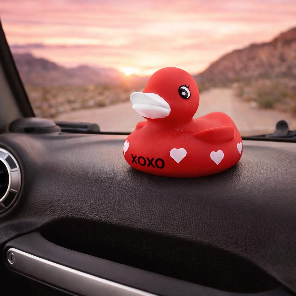 4E's Novelty 3" Valentines Rubber Duck - 2 Pack Large Red XOXO Sweetheart Ducky for Romantic Decoration, Jeep Ducking, Bath Toy, Cake Topper, Party