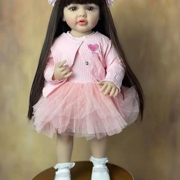 22-Inch Pink Reborn Baby Girls Doll Real Born Baby Doll Girl Toddler Newborn Baby Dolls with Toy Accessory Life Like Full Vinyl Bathable Body Brown