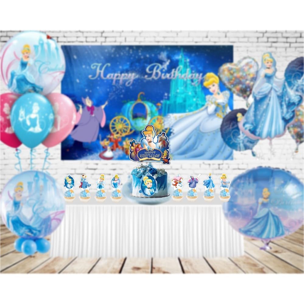 25Pcs Cinderela Cake Decorations with 24pcs Cupcake Toppers 1pcs Cake Topper for Girls Birthday Party Supplies