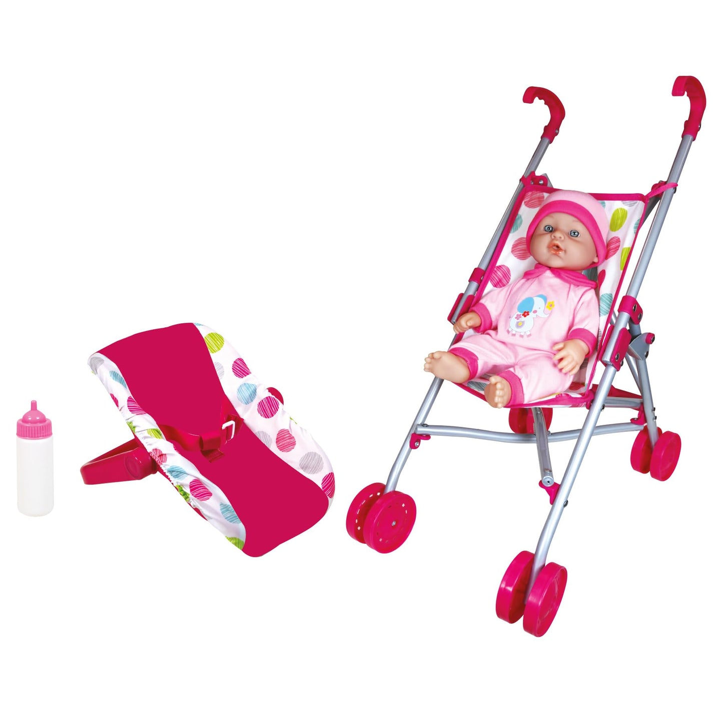 Lissi: 12" Baby Doll & Push-Carry Travel Set - Pink Elephant Onesie, Car Seat, Folding Umbrella Stroller, Feeding Bottle, Roleplay Toy, Kids 3+