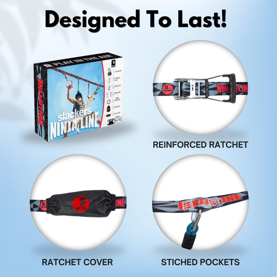 Slackers Ninjaline - 36' Intro Kit - Includes 7 Hanging Attachments - Best Outdoor Ninja Warrior Training Equipment For Kids - Build Your Very Own