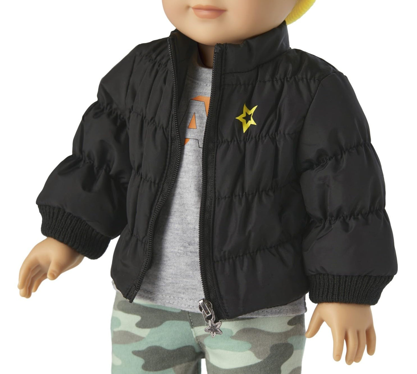 American Girl Truly Me 18-inch Doll Accessories Black Puffer Jacket, Yellow Knit Beanie, and Sunglasses, For Ages 6+