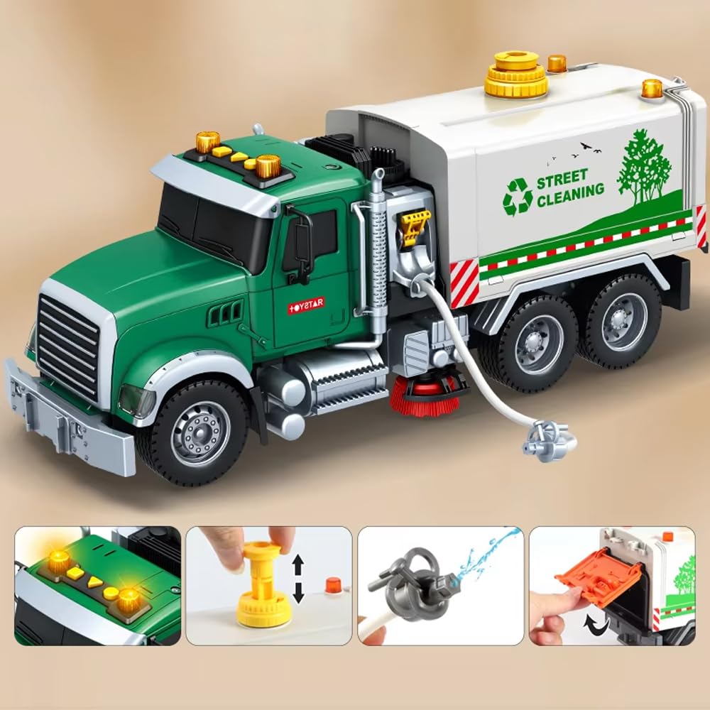 City Cleaning Truck with Real Water Spray | Street Sweeper Toy with Light & Sound Effects | Friction Garbage Truck Toys | Kids Trash Trucks | Holiday