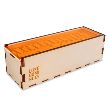Deluxe Modern Domino Set Double Six, with Jumbo Sized Tournament Dominoes Black and White Two Toned with Spinner (Rivets) in Wood Box with Acrylic Top