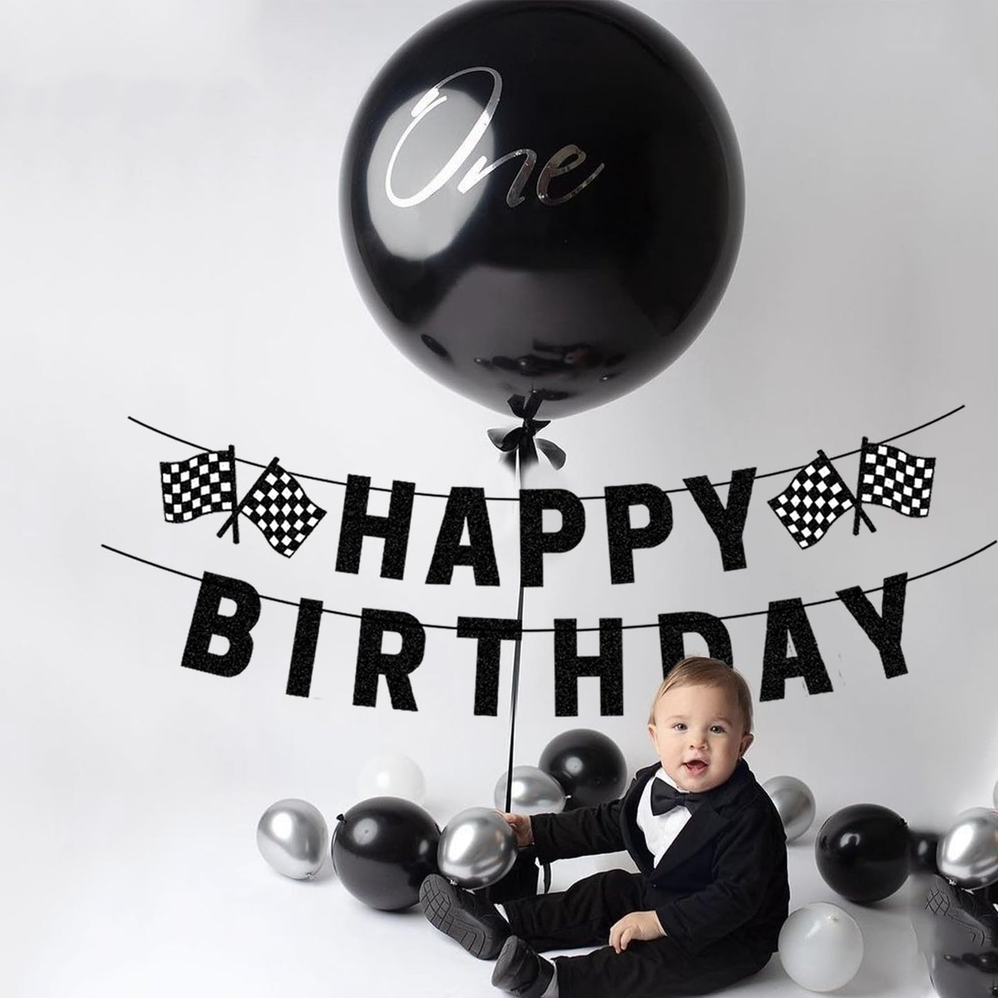 Pre-Strung Race Car Happy Birthday Banner, Race Cars Party Birthday Decorations for Boy, Black Racing Themed Birthday Party Decorations, Let’s Go