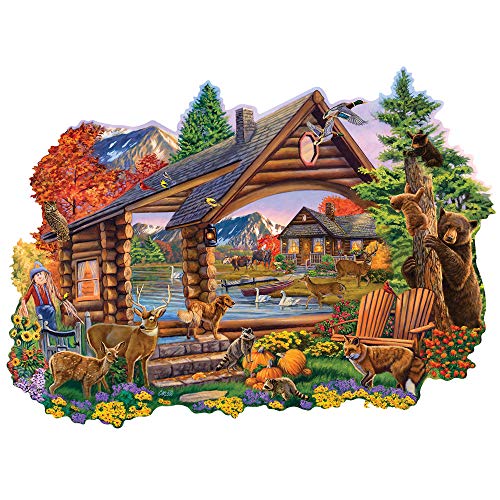 Bits and Pieces - 750 Piece Jigsaw Puzzle for Adults - Autumn Retreat - Shaped Forest Cabin Woods Nature Animal Flowers Trees Lake Mounatin Jigsaw