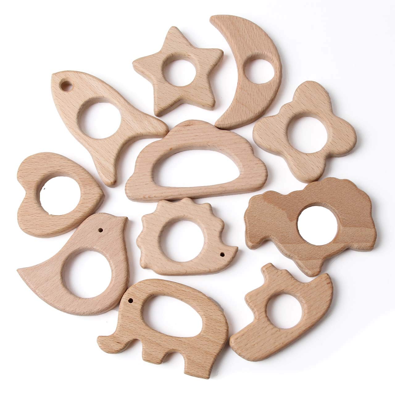 Wood Teethers for Babies DIY Necklace and Bangles Soothes Gum Pain Molar Teething Wood, Bird Elephant Sheep Moon Rocket Butterfly Star Heart Hedgehog