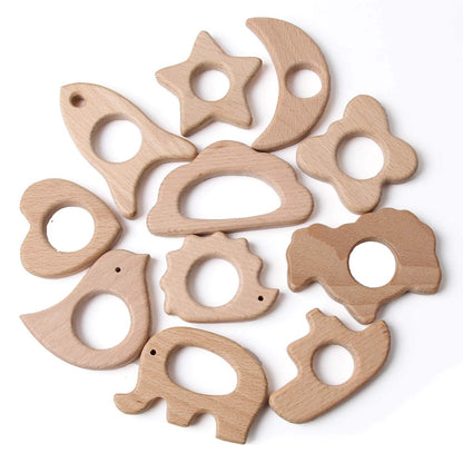 Wood Teethers for Babies DIY Necklace and Bangles Soothes Gum Pain Molar Teething Wood, Bird Elephant Sheep Moon Rocket Butterfly Star Heart Hedgehog