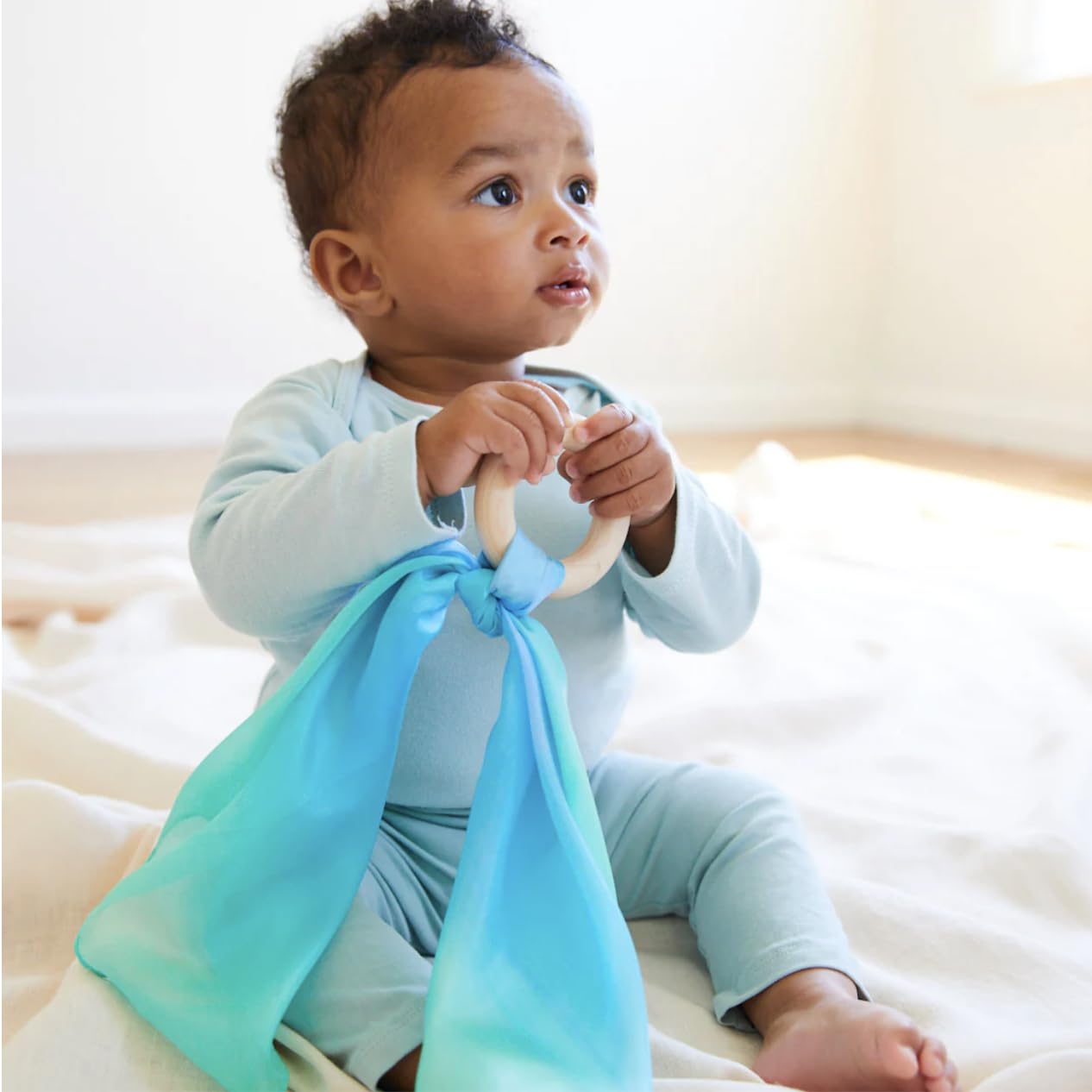 Sarah's Silks Silk and Wood Baby Teether Toy for Babies 3 Months and Older - Sea