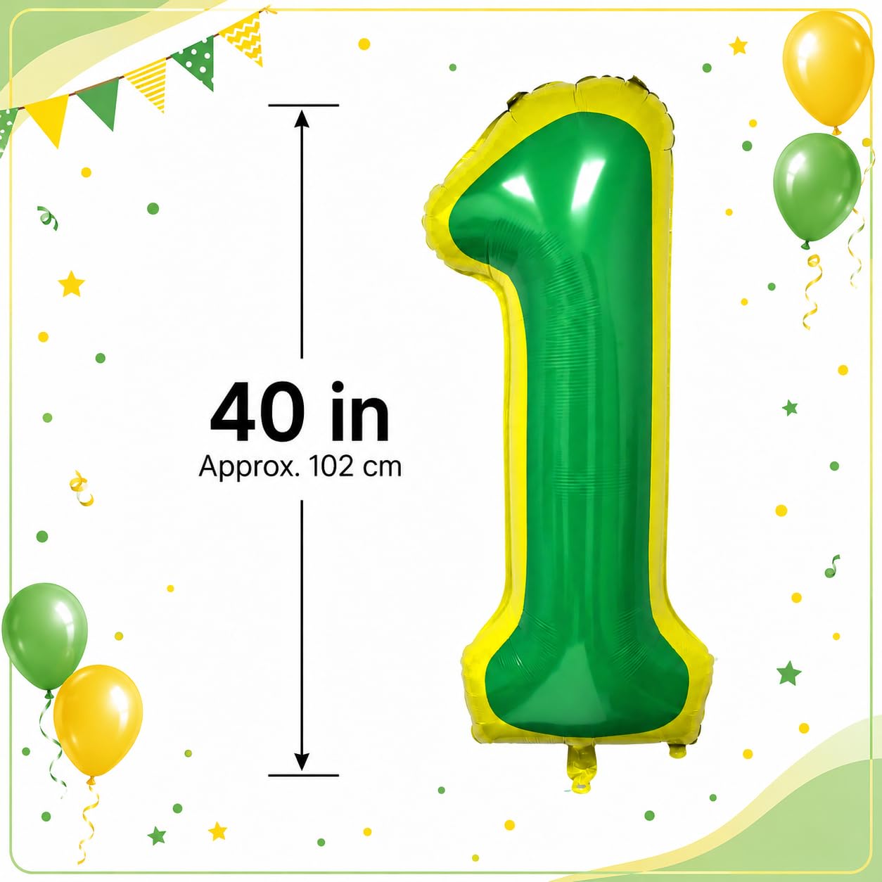 40 Inch Street Number 1 Foil Balloon, Green & Yellow Themed Giant Balloon for Kids Boys Girls 1st Birthday Party Decorations (Number 1)