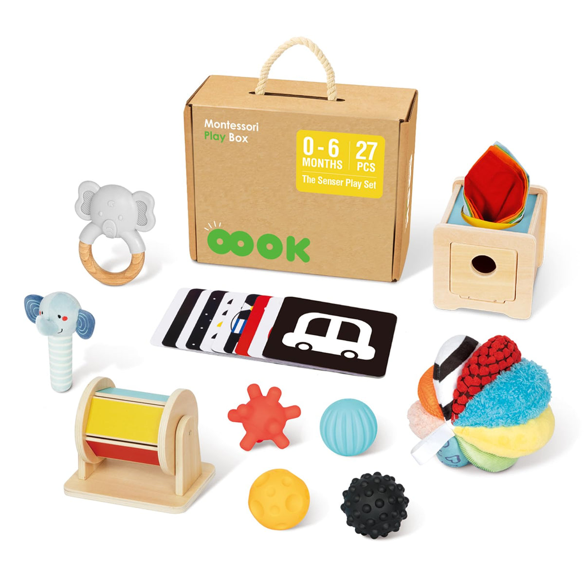 OOOK Montessori Toys 0-6 Months, Montessori Toy Set, 7 in 1 Newborn Baby Toys with Spinning Drum, Tissue Box Toy, Sensory Balls, Contrast Cards