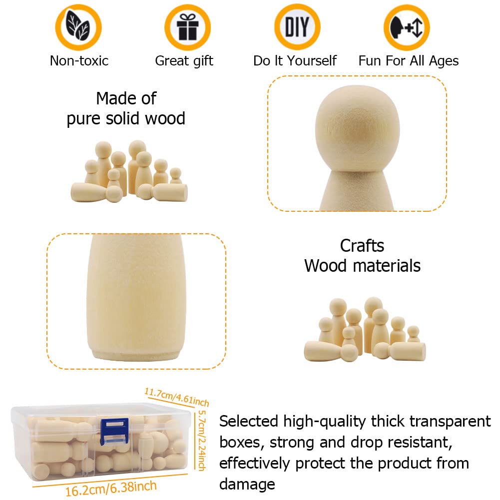 Abnaok 50 Pack Unfinished Wooden Peg Dolls, Peg People, Doll Bodies, Wooden Figures, Decorative Peg Doll People for Kids DIY Art Craft, Painting, Peg
