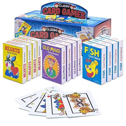 Srenta Kids Card Games Bulk - 12 Pack Classic Card Games for Kids Ages 4-9, Multi Pack Set Includes: Hearts, Go Fish, & Old Maid Playing Cards