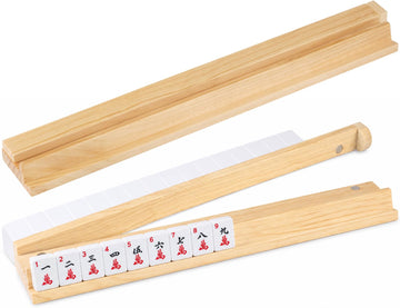 MUTEX American Natural Wood Mahjong Racks with Pushers, 4pcs Mahjong Racks Set for Mahjong/Mexican Train/Dominoes, Elegant Wooden Mahjong Tiles Racks