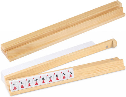 MUTEX American Natural Wood Mahjong Racks with Pushers, 4pcs Mahjong Racks Set for Mahjong/Mexican Train/Dominoes, Elegant Wooden Mahjong Tiles Racks