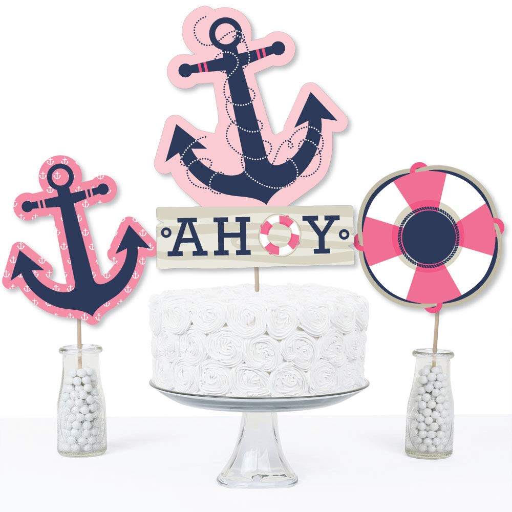 Big Dot of Happiness Ahoy - Nautical Girl - Baby Shower or Birthday Party Centerpiece Sticks - Table Toppers - Set of 15