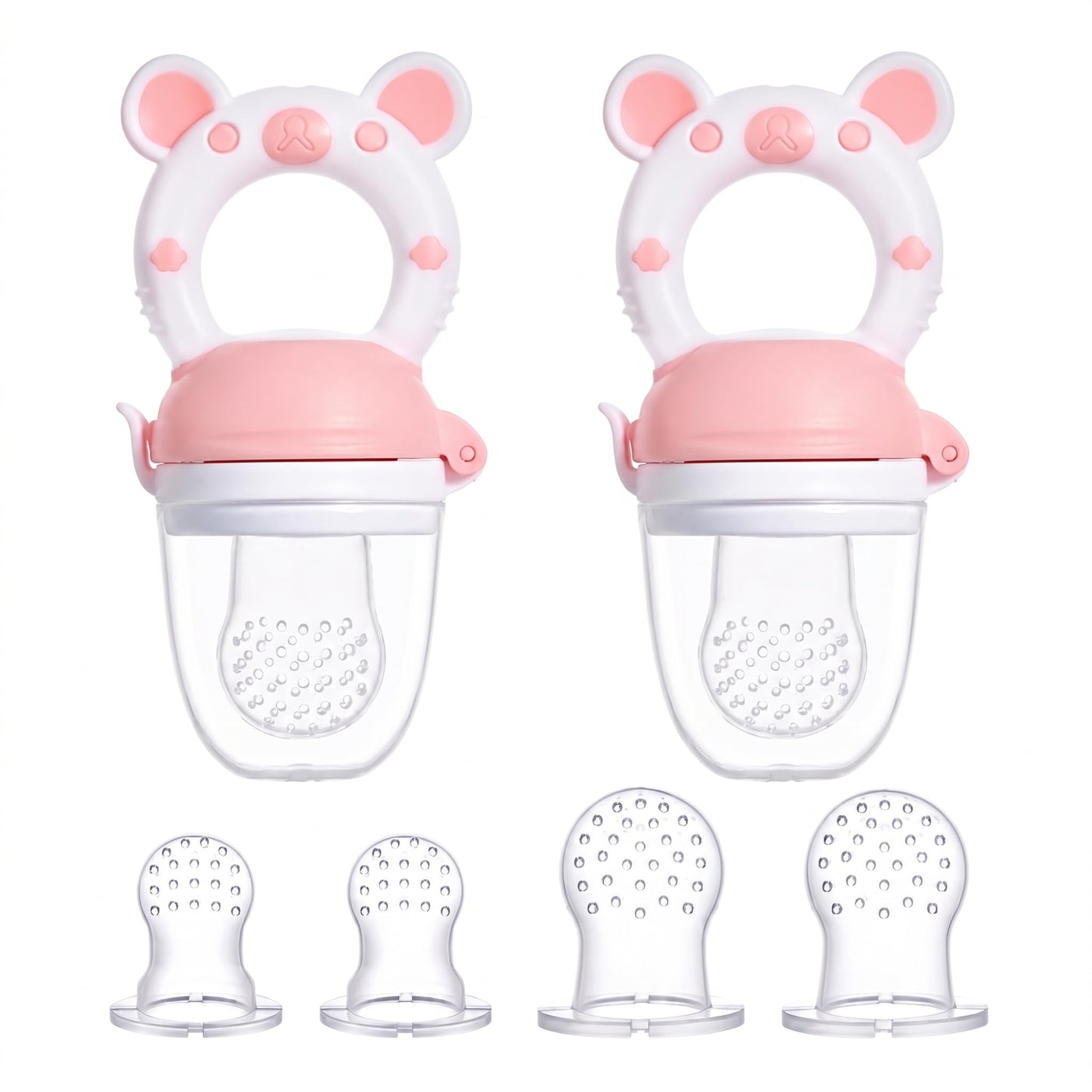 JOCHEBED Baby Fruit Food Feeder Pacifier, Silicone Teething Relief Toy, 2-Pack with 6 BPA-Free Pouches, Light Pink, 3-24 Months
