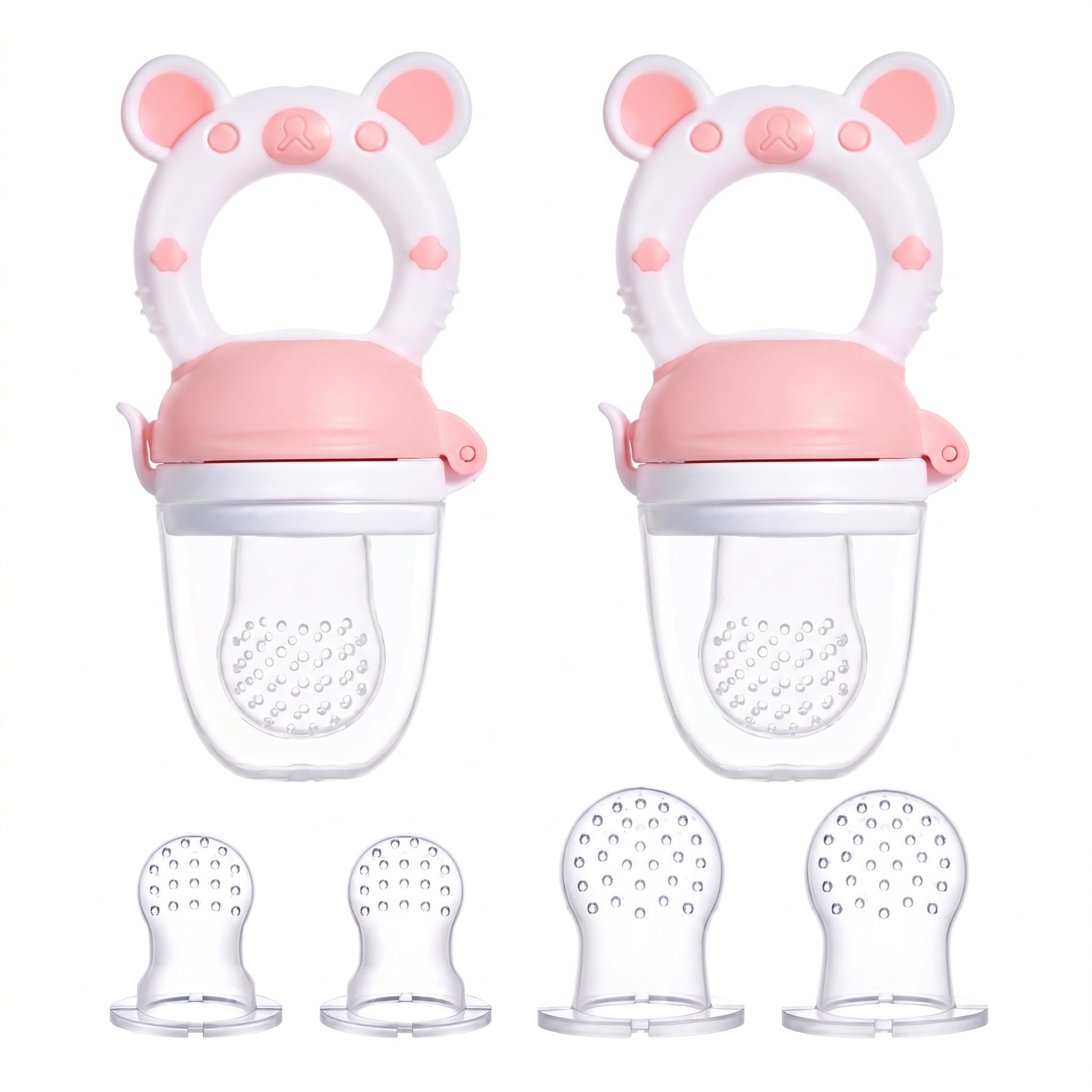 JOCHEBED Baby Fruit Food Feeder Pacifier, Silicone Teething Relief Toy, 2-Pack with 6 BPA-Free Pouches, Light Pink, 3-24 Months