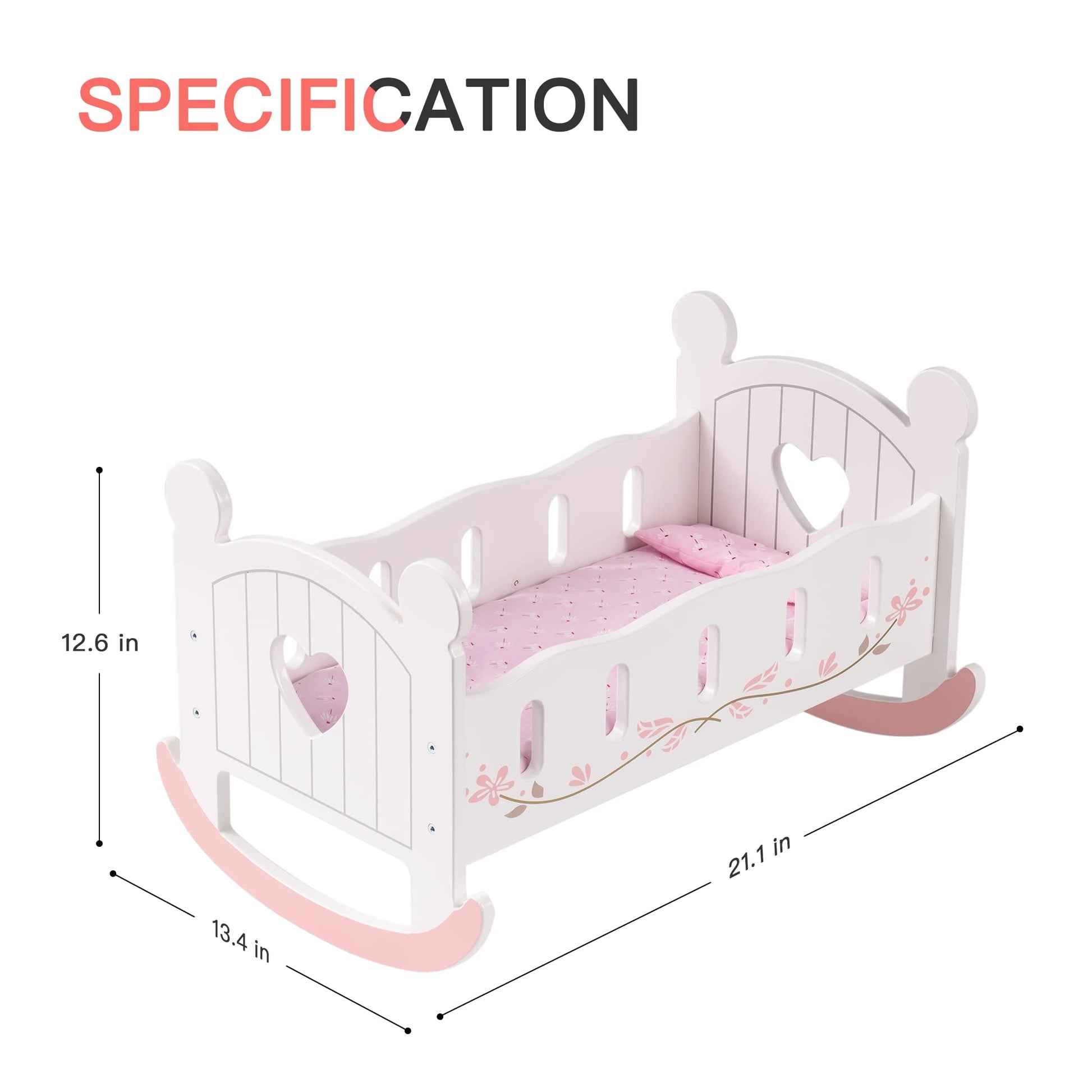 ROBUD Wooden Baby Doll Crib, Baby Doll Bed Toys, Fits Up to 18 Inch Doll Accessories, White