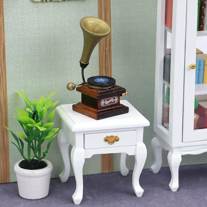 Miniature White Bedside Table with Drawer, 1:12 Scale Dollhouse Furniture, Victorian Style