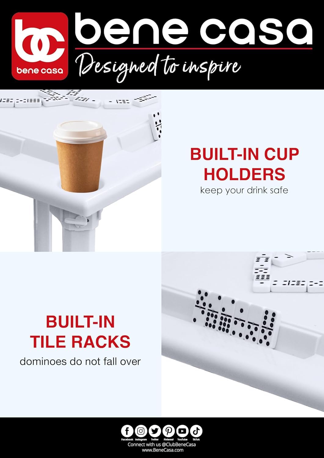 Bene Casa - Indoor & Outdoor Domino and Game Table Includes Domino and Scrabble Tile Racks and Cup Holders - Table Legs are Removable for Easy Storage