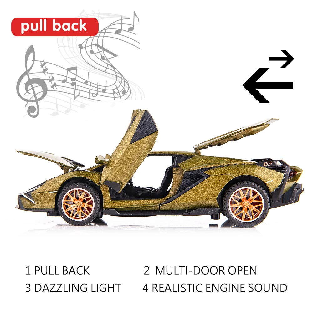 BDTCTK Lambo Sian FKP37 Car Model Toy 1:32 Child Sound and Light Pull Back Car Zinc Alloy Casting Toys for Kids Boy Girl Gift (Army Green)