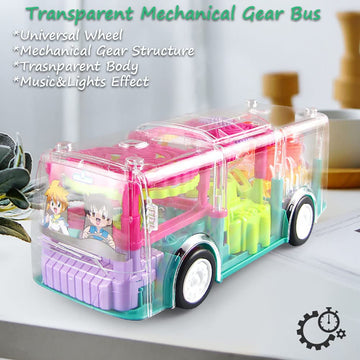 Miracland Transparent Mechanical Gear Bus - Electronic Vehicle With Universal Wheels, Lights, and Music - STEM Concept Racer Car Toy